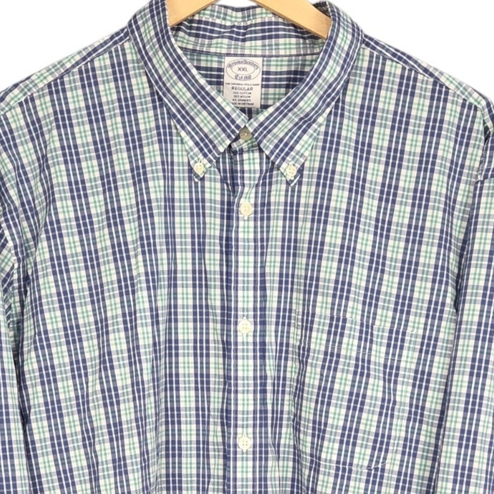 Brooks Brothers Button Up Shirt Men XXL Blue Green Plaid Regular Cotton+Nylon